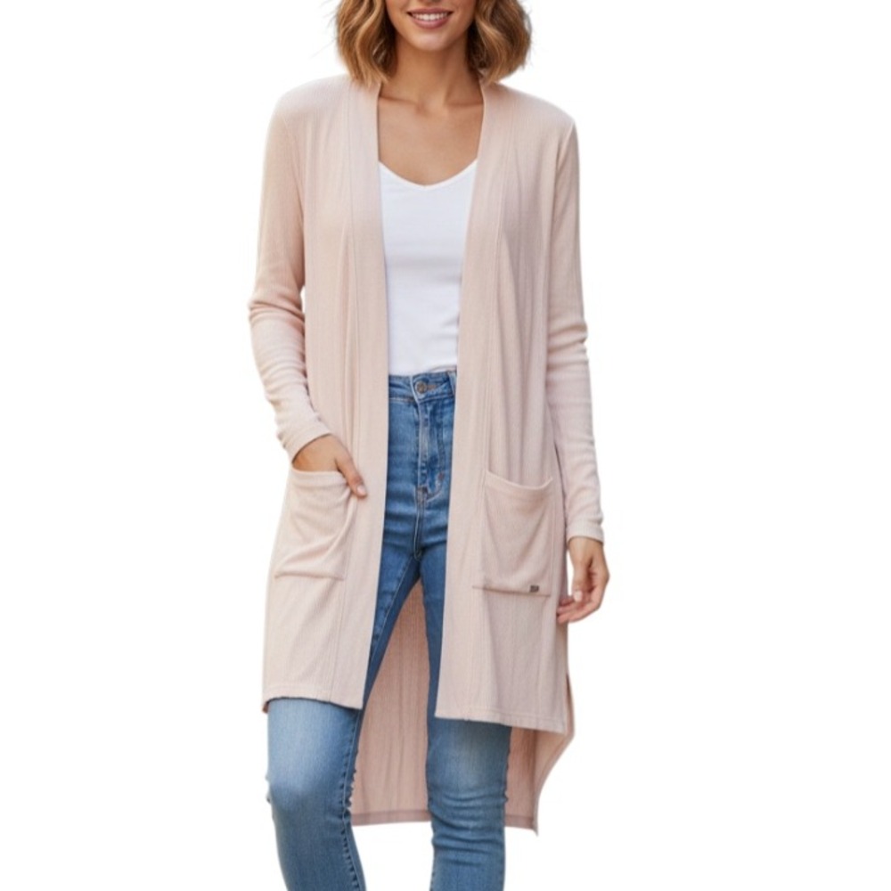 DKNY JEANS Pink LIGHTWEIGHT Ribbed Knit LONG SLEEVE Open-Front CARDIGAN KIMONO S
